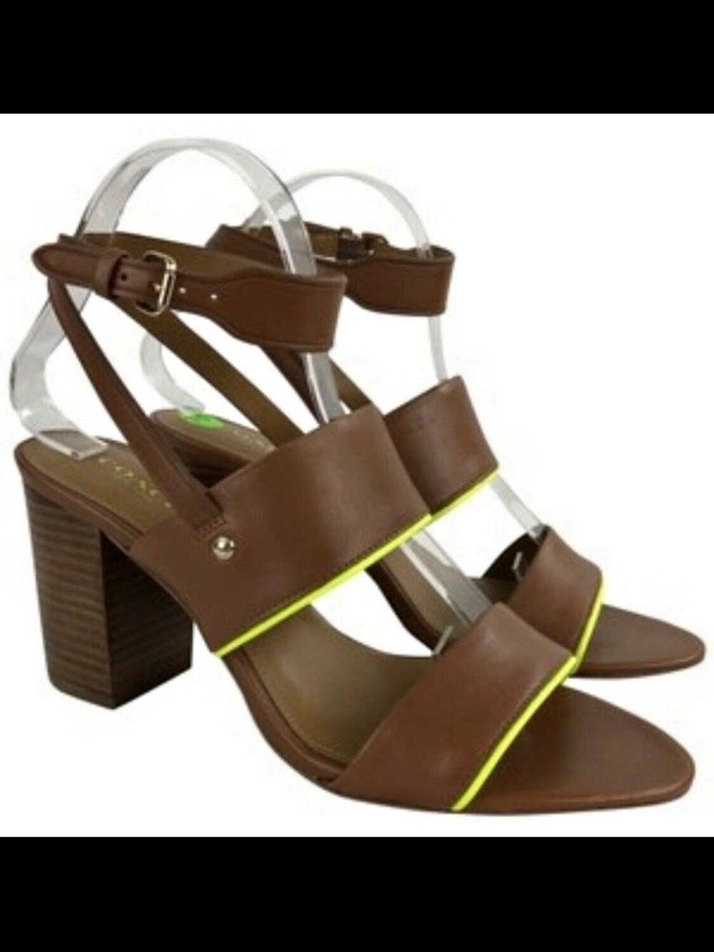 Brown Block Heel Strappy Sandals with Neon Trim